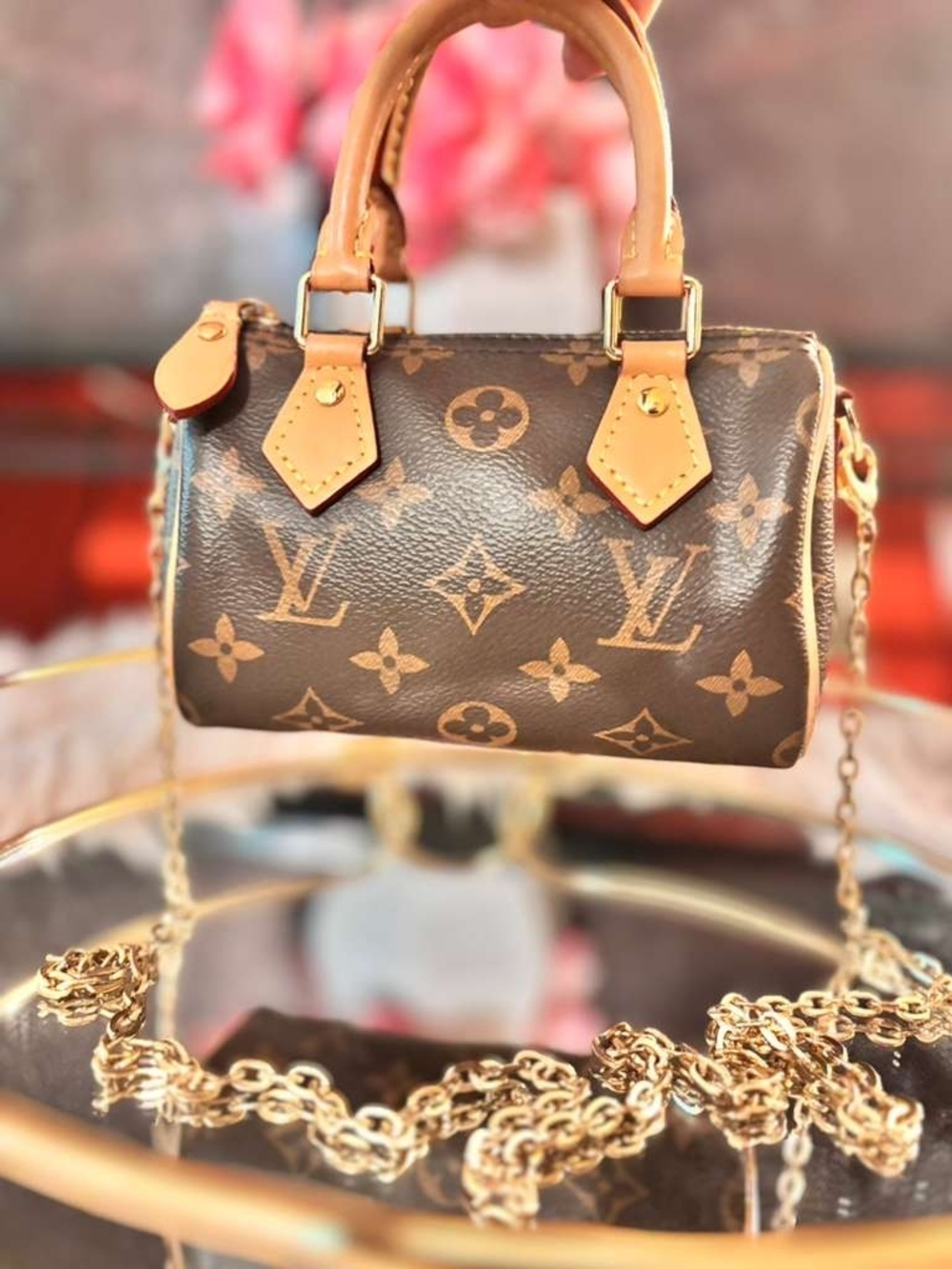Louis Vuitton Brown Monogram Mini Nano Speedy Satchel with Gold Chain - Picture 2 of 8